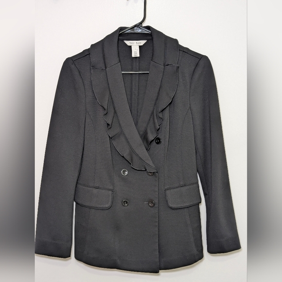 WHBM Black Ruffle Double Breasted Blazer Size 2 Corpcore Coquette Dark Academia - Picture 3 of 11